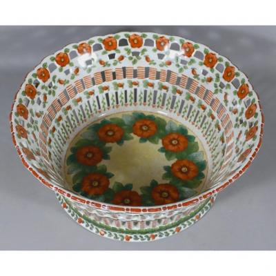 Openwork Cup In Luneville Faience, Model With Flowers, Signed Bézué Biarritz