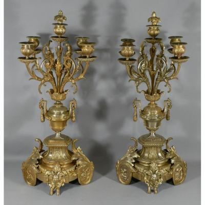 Paire De Chandeliers Napoléon III En Bronze Doré, Béliers Et Angelots, Style Louis XVI