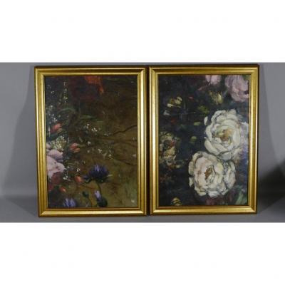 Pair Of Painted Canvases With Flowers, Aubusson Cartons, XIXth Time