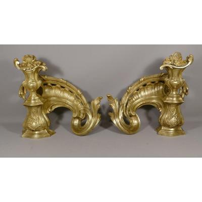 Pair Of Louis XV Andirons In Gilt Bronze With Flowered Urn And Acanthus Leaves, XIXth Time