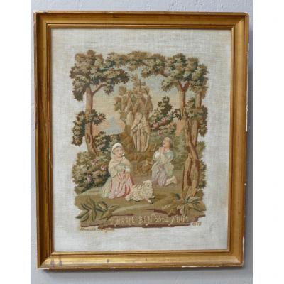 Religious Embroidery Framed" Marie Bénissez Nous" Et Daté 1858.