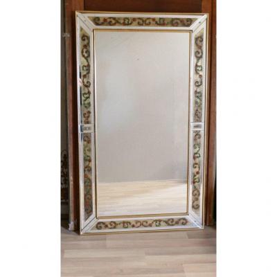 Large églomisé Mirror With Parecloses Period 1970 With Decor Of Acanthus Leaves 