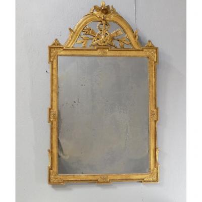 Louis XVI Mirror With Fronton With Pareclose In Wood And Gilded Stucco In The Leaf, XIXth Time