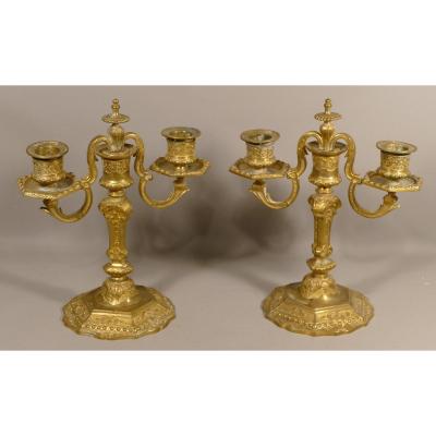 Candlesticks Louis XIV Pair Of Gilt Bronze, XIXth Time 