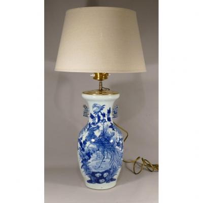 Chinese Celadon And Blue Vase With Phoenix And Peony Mounted In Lamp, XIXth Time