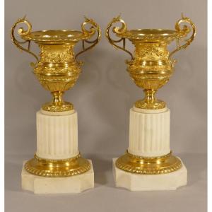 Pair Of Casseroles In Gilt Bronze And Fluted Marble, Charles X Period Around 1830