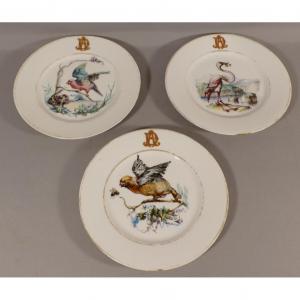 3 Hand Painted Porcelain Plates Of Volatiles, Birds And Insects Dated 1873