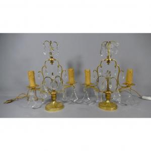 Pair Of Lamps, Girandoles In Brass And Crystal, Twentieth Time
