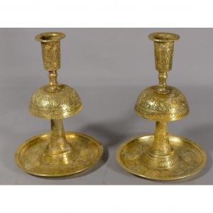 Pair Of Oriental Candlesticks, Byzantine? Persian? Islamic? Late 18th Century, Early 19th Century