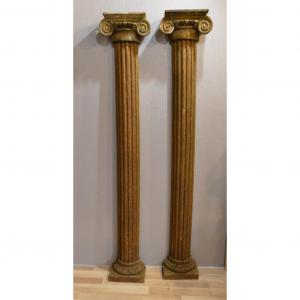 Architecture, Pair Of Large Half Columns In Cement With Ionic Capitals, Early 20th Century