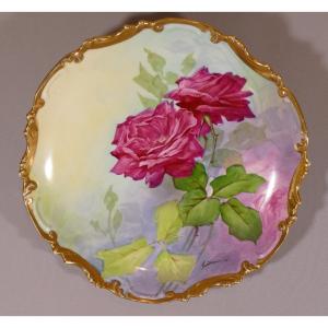 Alfred Broussillon (1856-1922) , Plat Aux Roses En Porcelaine Peinte &agrave; La Main, Limoges