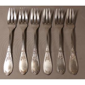 6 Empire Style Entremet Or Dessert Forks In Silver Metal