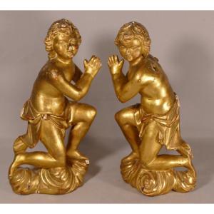 Pair Of Angels In Carved And Gilded Wood, Eighteenth Century Period