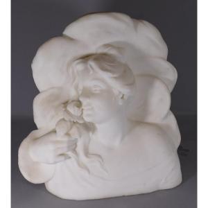 Marble Sculpture, Bust Of A Woman With A Rose, Art Nouveau Late Nineteenth Time