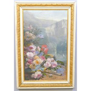 Pierre Bourgogne (1838-1904), Tableau Huile Sur Toile Jeté De Fleurs Et Paysage De Ruines