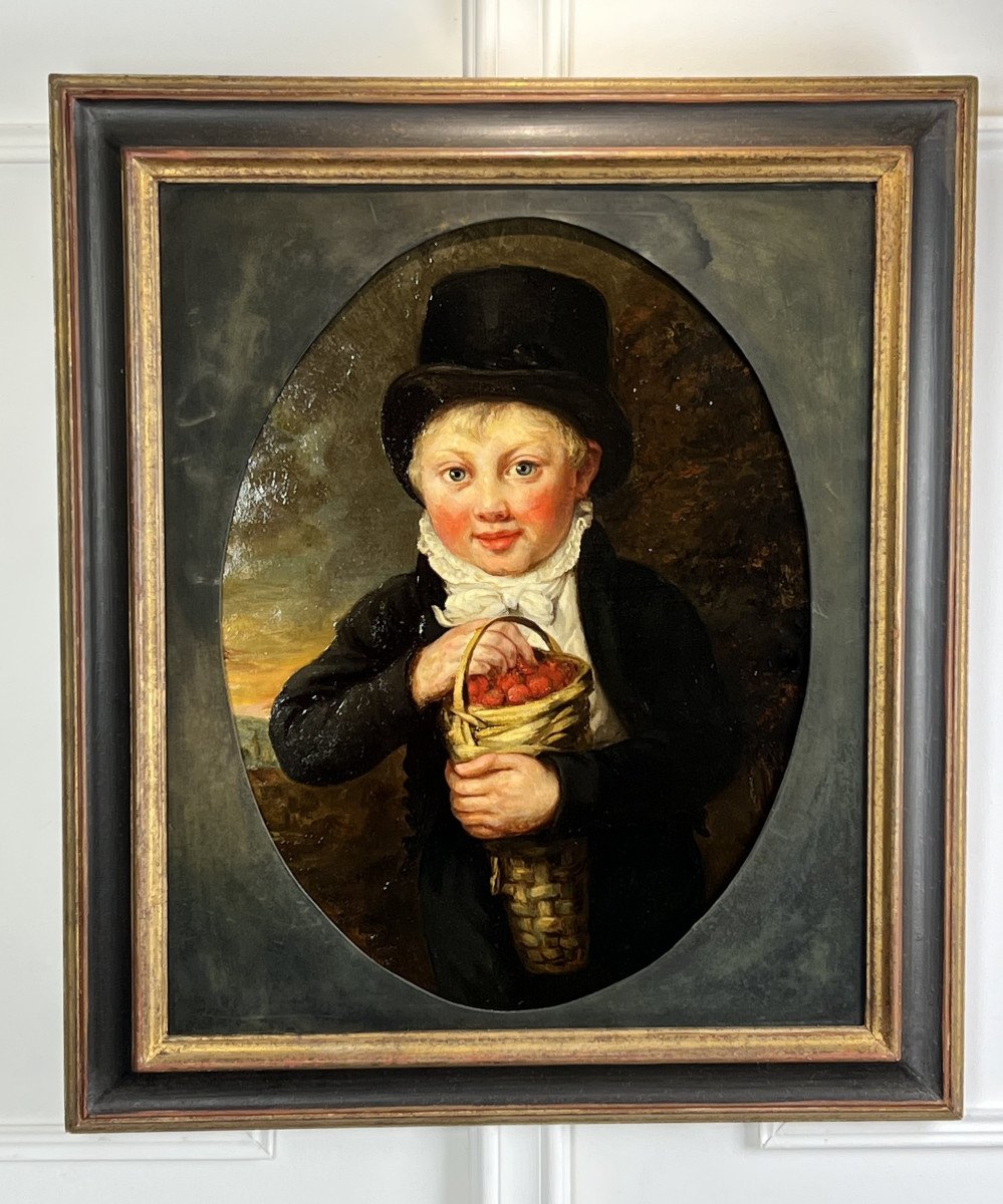 Painting / Oil On Oval Canvas / Painting "a Child Eating Strawberries"-photo-4