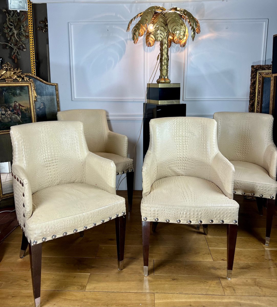 Suite De 4 Fauteuils Vintage De Style Art Déco En Cuir Beige Façon Croco-photo-2