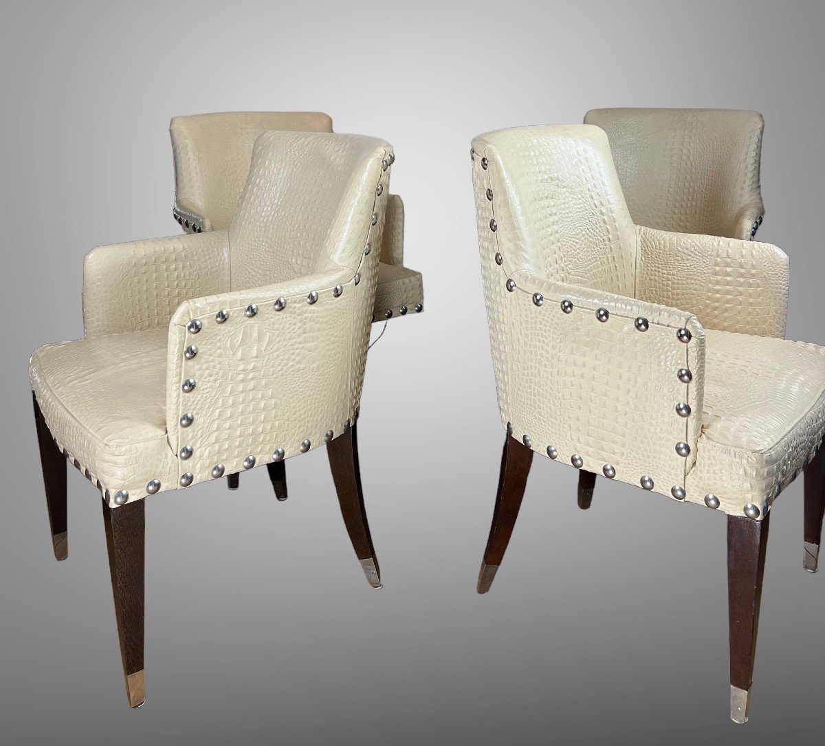 Suite De 4 Fauteuils Vintage De Style Art Déco En Cuir Beige Façon Croco-photo-3