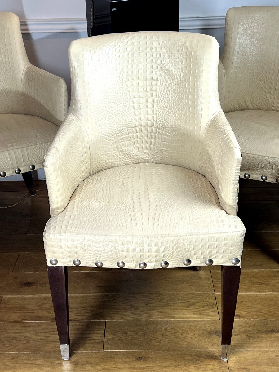 Suite De 4 Fauteuils Vintage De Style Art Déco En Cuir Beige Façon Croco-photo-2