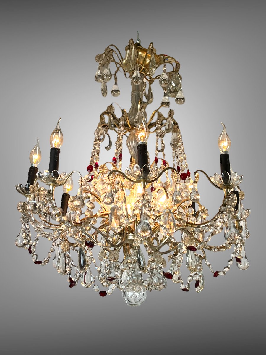 LUSTRE " GRAND MODELE " A PAMPILLES BLANCHE ET ROUGE EN BRONZE ARGENTÉ-photo-4