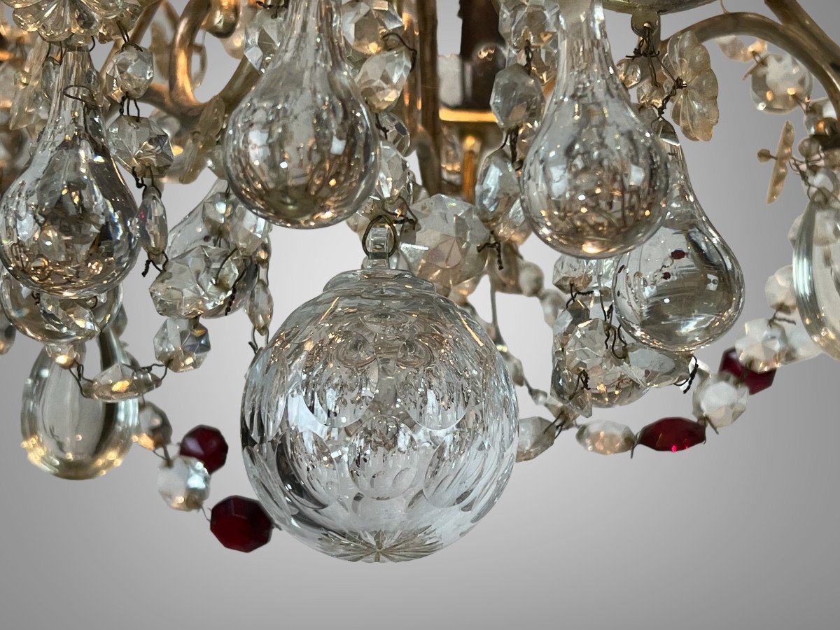 LUSTRE " GRAND MODELE " A PAMPILLES BLANCHE ET ROUGE EN BRONZE ARGENTÉ-photo-6