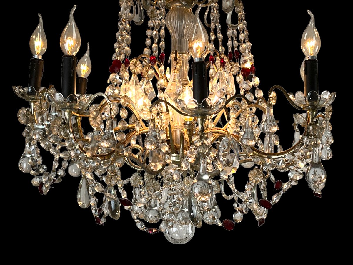 LUSTRE " GRAND MODELE " A PAMPILLES BLANCHE ET ROUGE EN BRONZE ARGENTÉ-photo-7