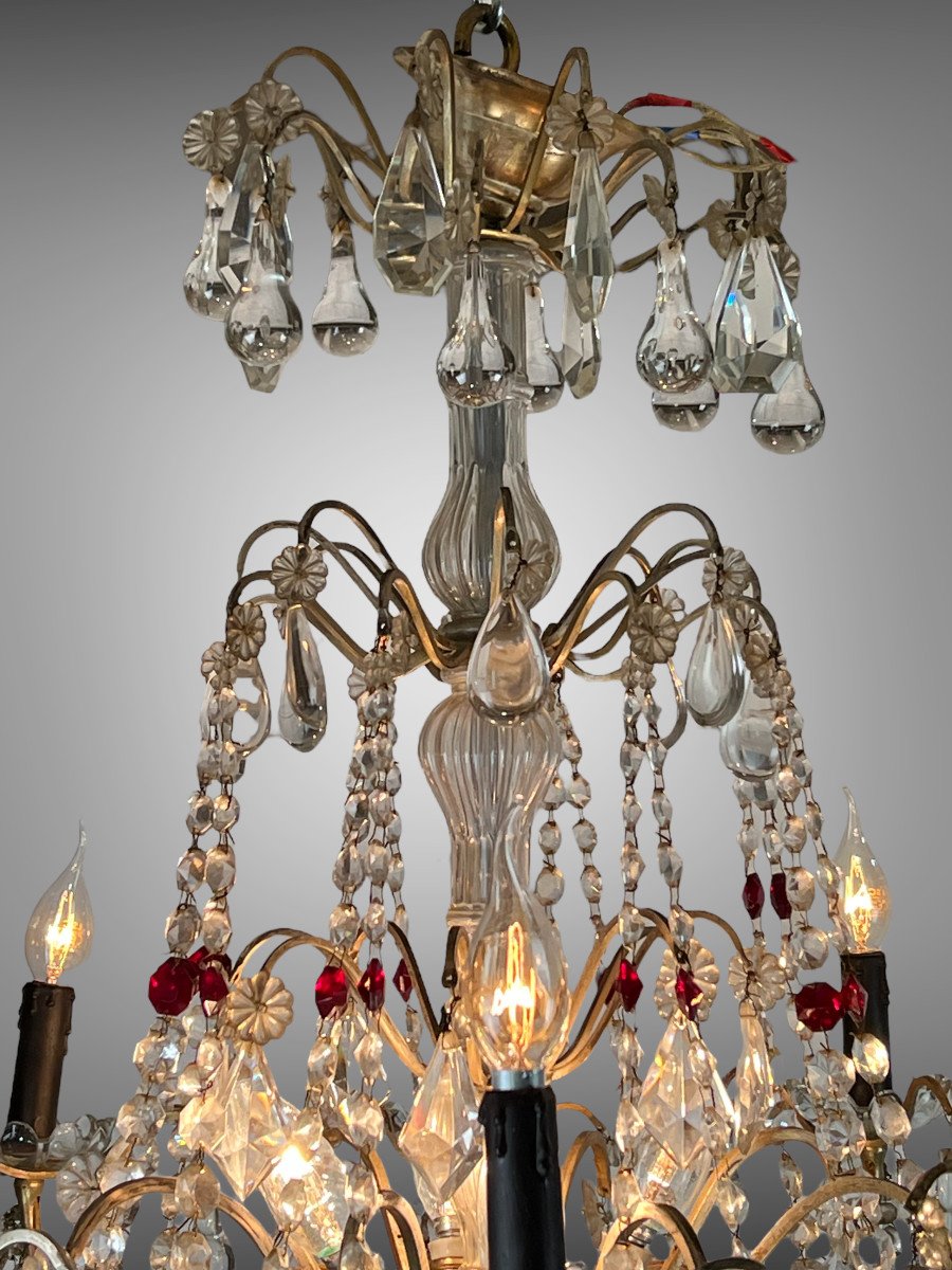 LUSTRE " GRAND MODELE " A PAMPILLES BLANCHE ET ROUGE EN BRONZE ARGENTÉ-photo-8