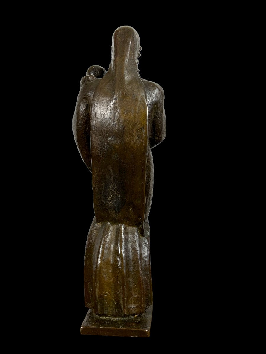 Ancient Patina Bronze "virge Al Child" 42 Cm High-photo-2