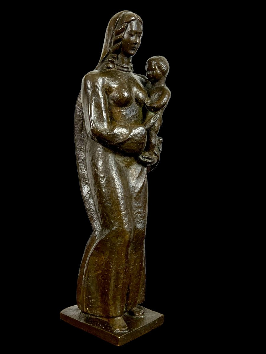 Ancient Patina Bronze "virge Al Child" 42 Cm High