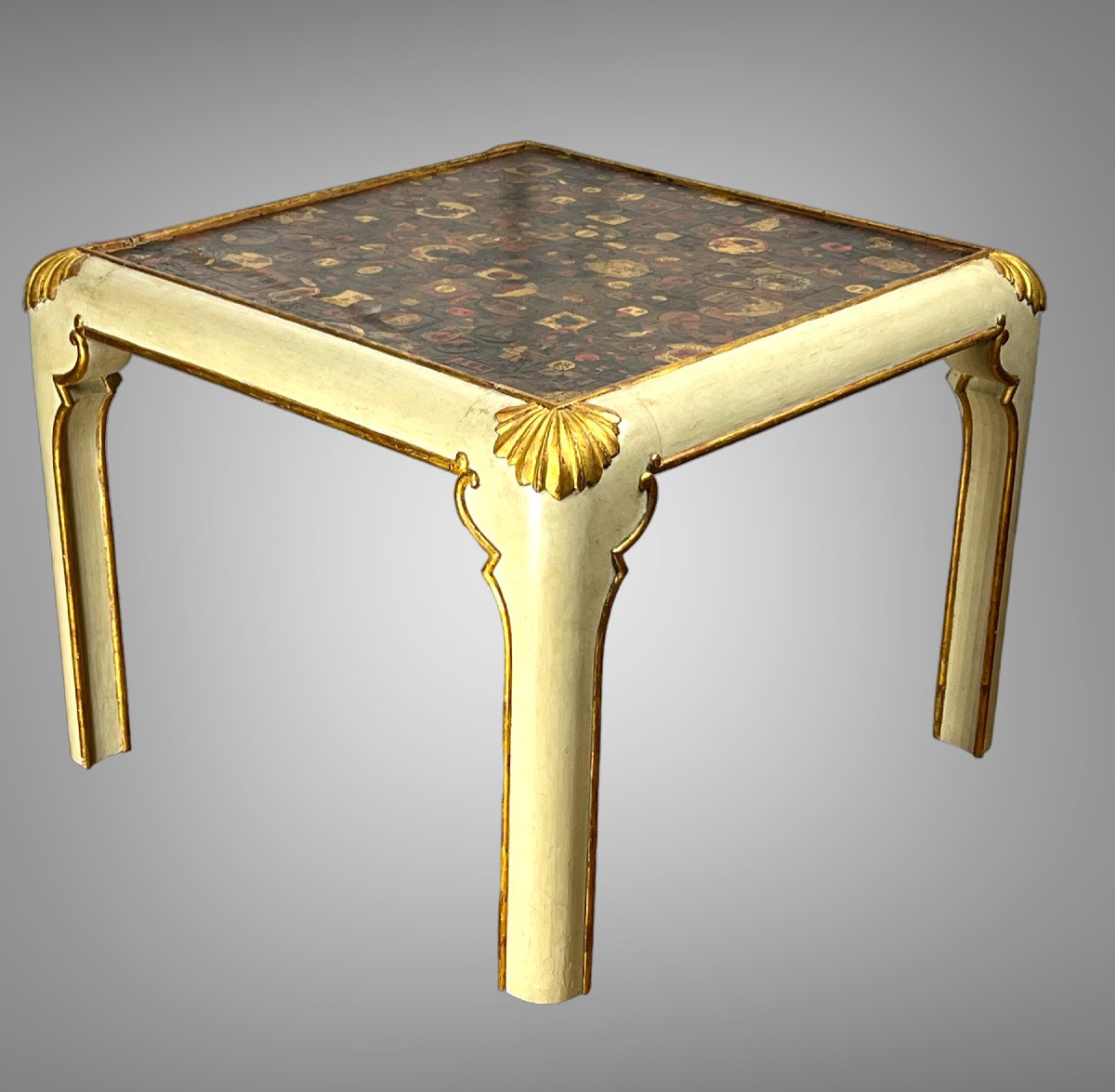 Jansen Style Coffee Table In Painted And Gilded Wood With Coromandel Leather Top-photo-2