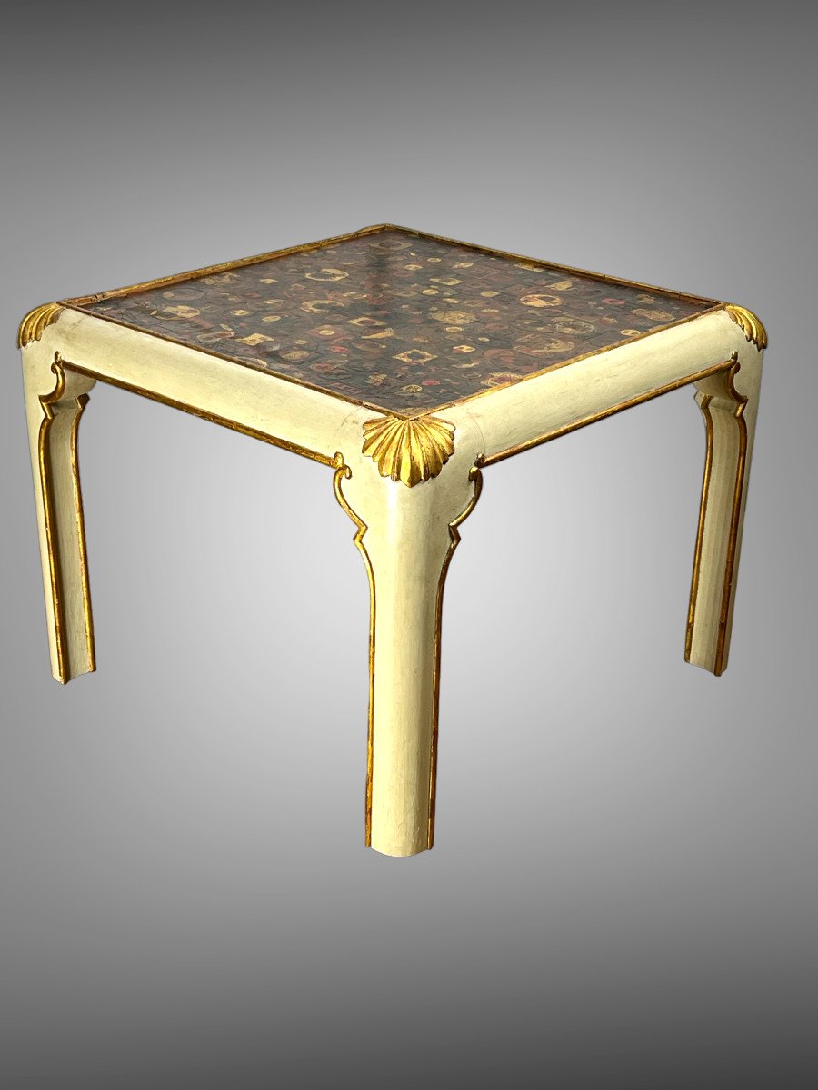 Jansen Style Coffee Table In Painted And Gilded Wood With Coromandel Leather Top-photo-1