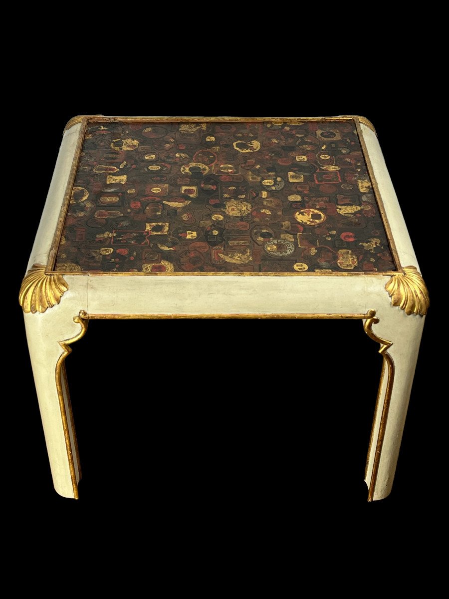 Jansen Style Coffee Table In Painted And Gilded Wood With Coromandel Leather Top-photo-5