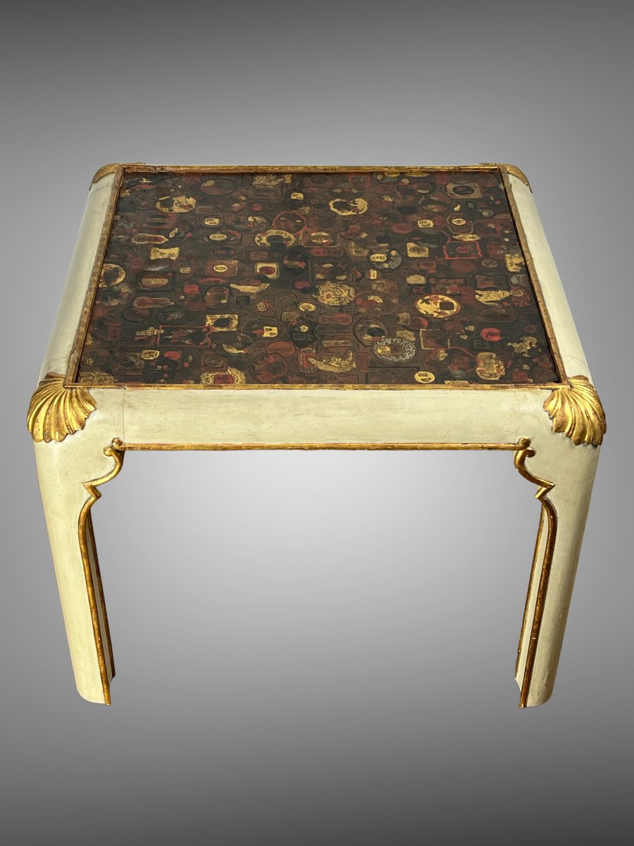 Jansen Style Coffee Table In Painted And Gilded Wood With Coromandel Leather Top-photo-7