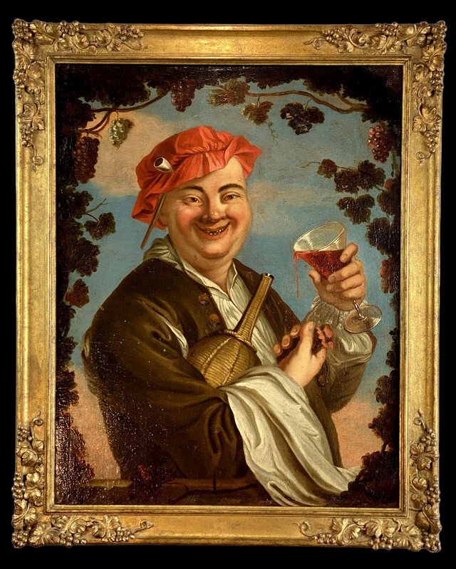 Oil On Flemish Dutch Canvas Of The 18th Monogrammed "the Wine Drinker"-photo-3
