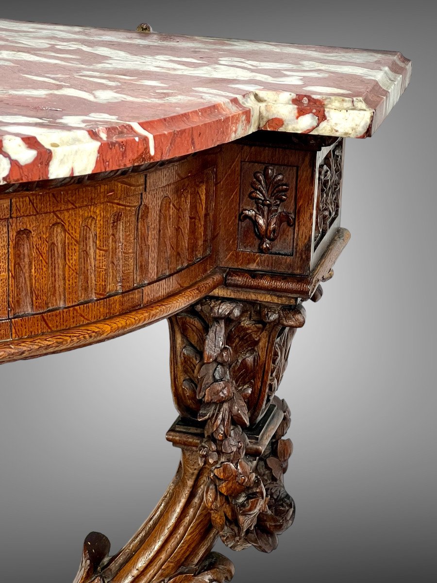 19th Century Console In Carved Oak Louis XVI Style With A Marble Top-photo-4