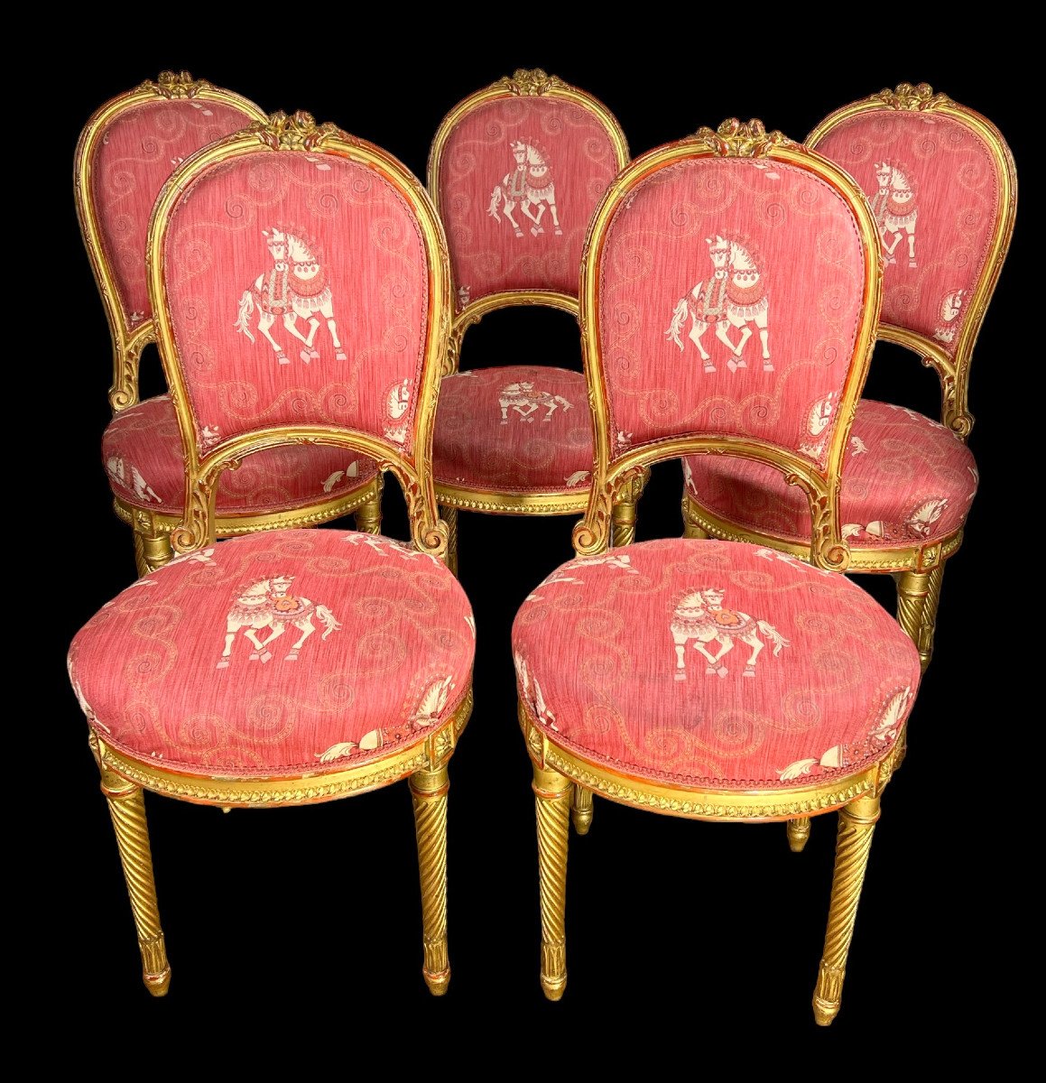 Series Of 5 Upholstered Chairs From The Nineteenth Style Louis XVI In Golden And Carved Wood-photo-4