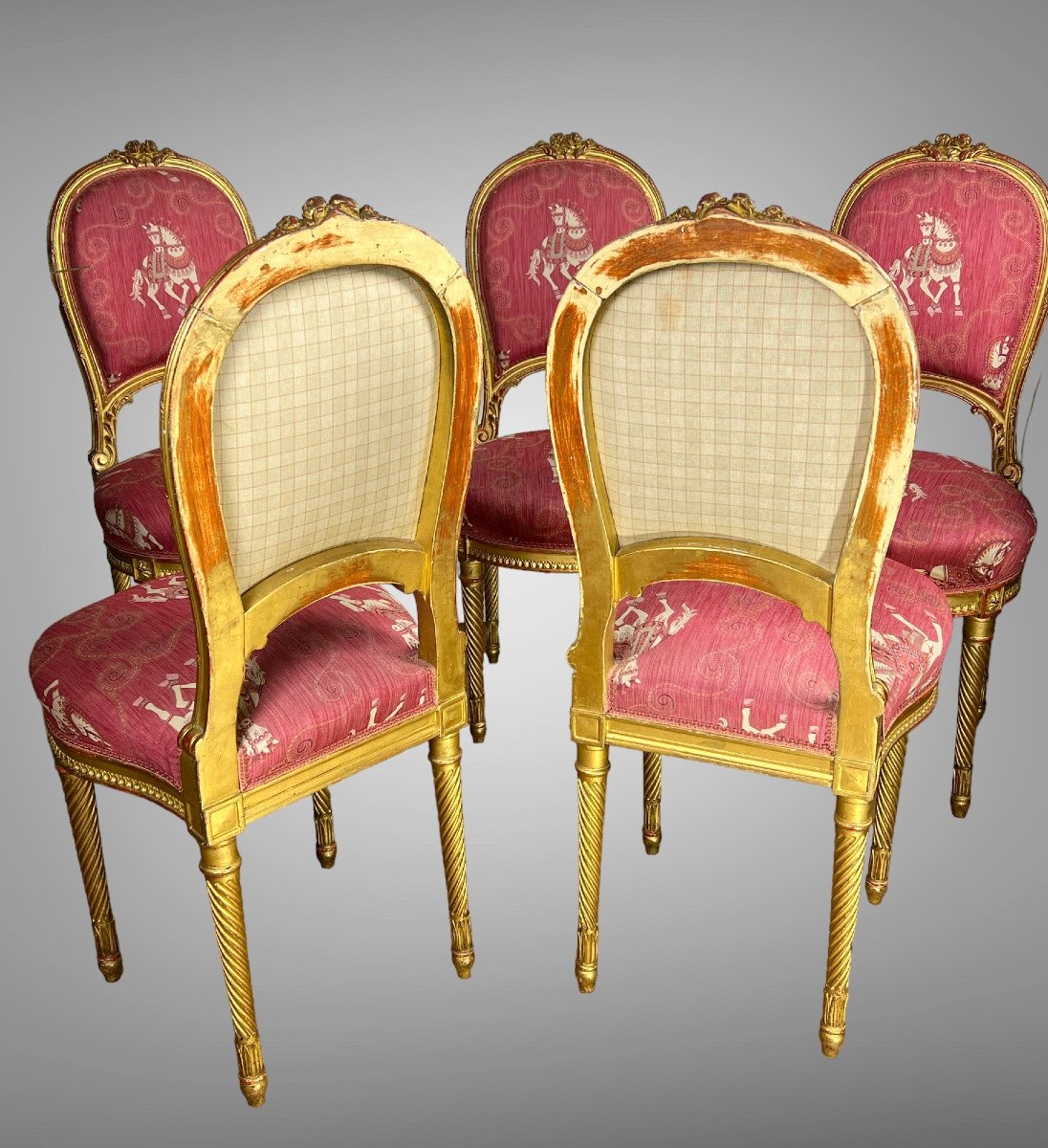 Series Of 5 Upholstered Chairs From The Nineteenth Style Louis XVI In Golden And Carved Wood-photo-1