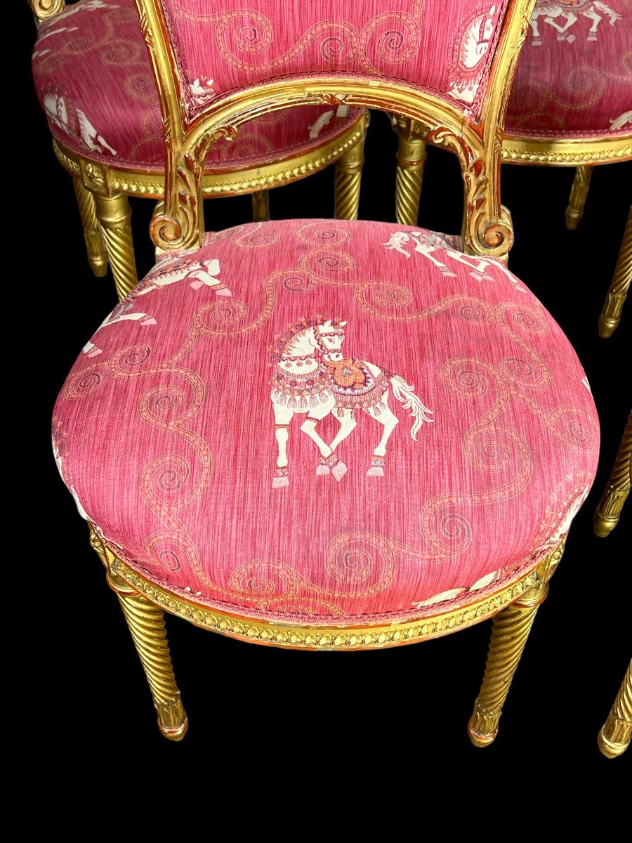 Series Of 5 Upholstered Chairs From The Nineteenth Style Louis XVI In Golden And Carved Wood-photo-2