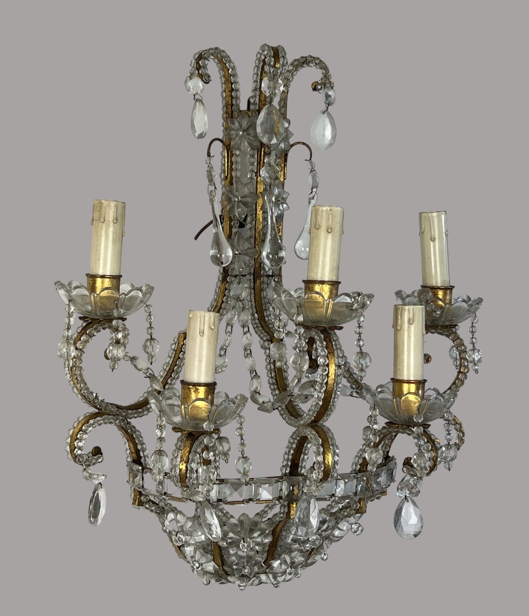 Pair Of Venetian Sconces A 5 Lights In Golden Metal / Pearls / Crystals-photo-1