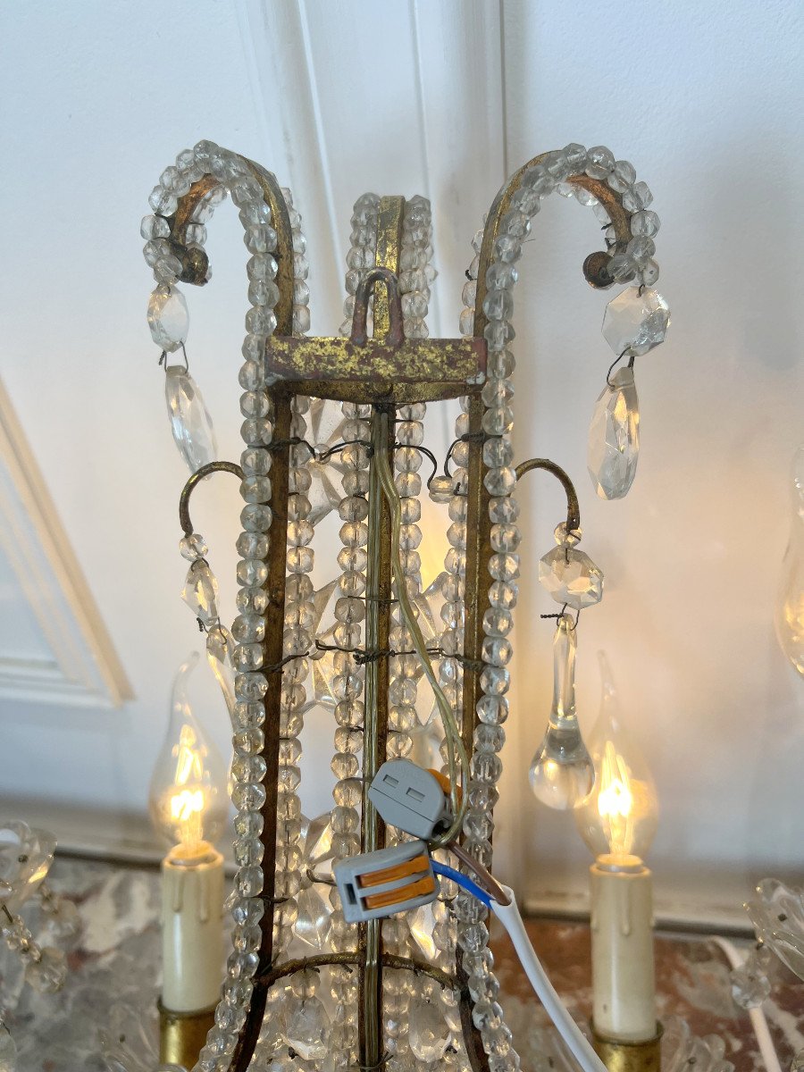 Pair Of Venetian Sconces A 5 Lights In Golden Metal / Pearls / Crystals-photo-3