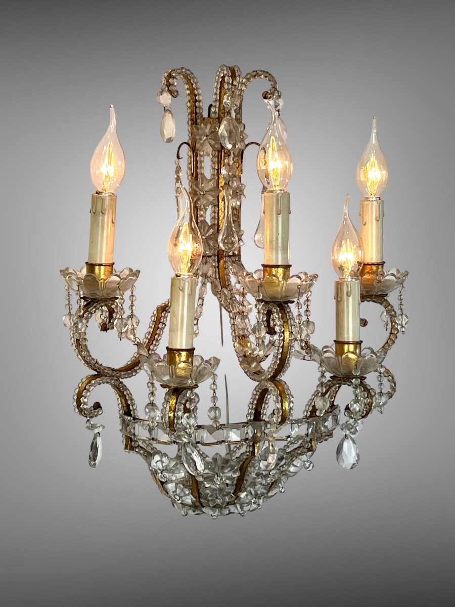 Pair Of Venetian Sconces A 5 Lights In Golden Metal / Pearls / Crystals-photo-8