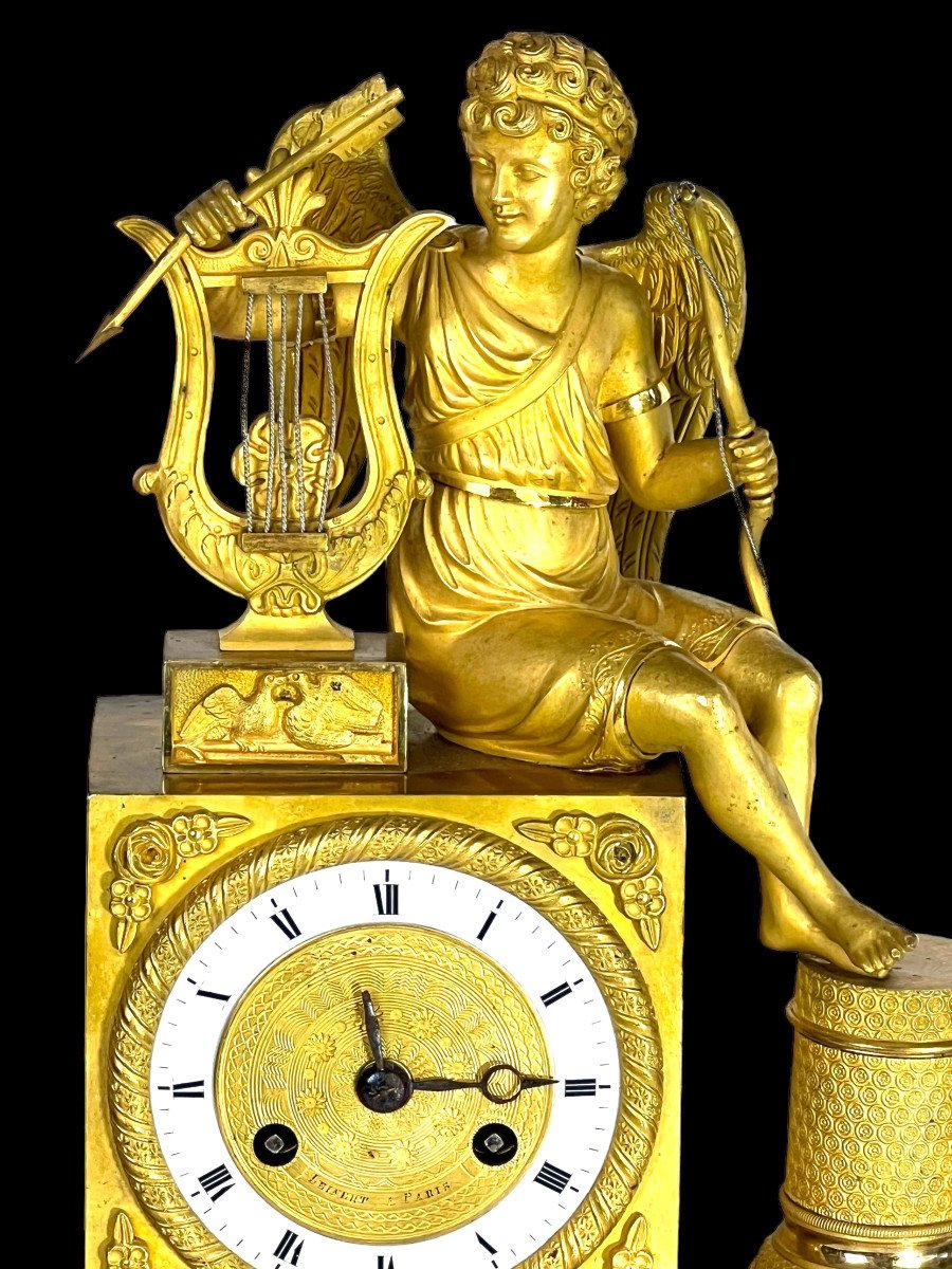 Empire Period Clock In Gilt Bronze Decorated With Eros Playing The Harp-photo-2