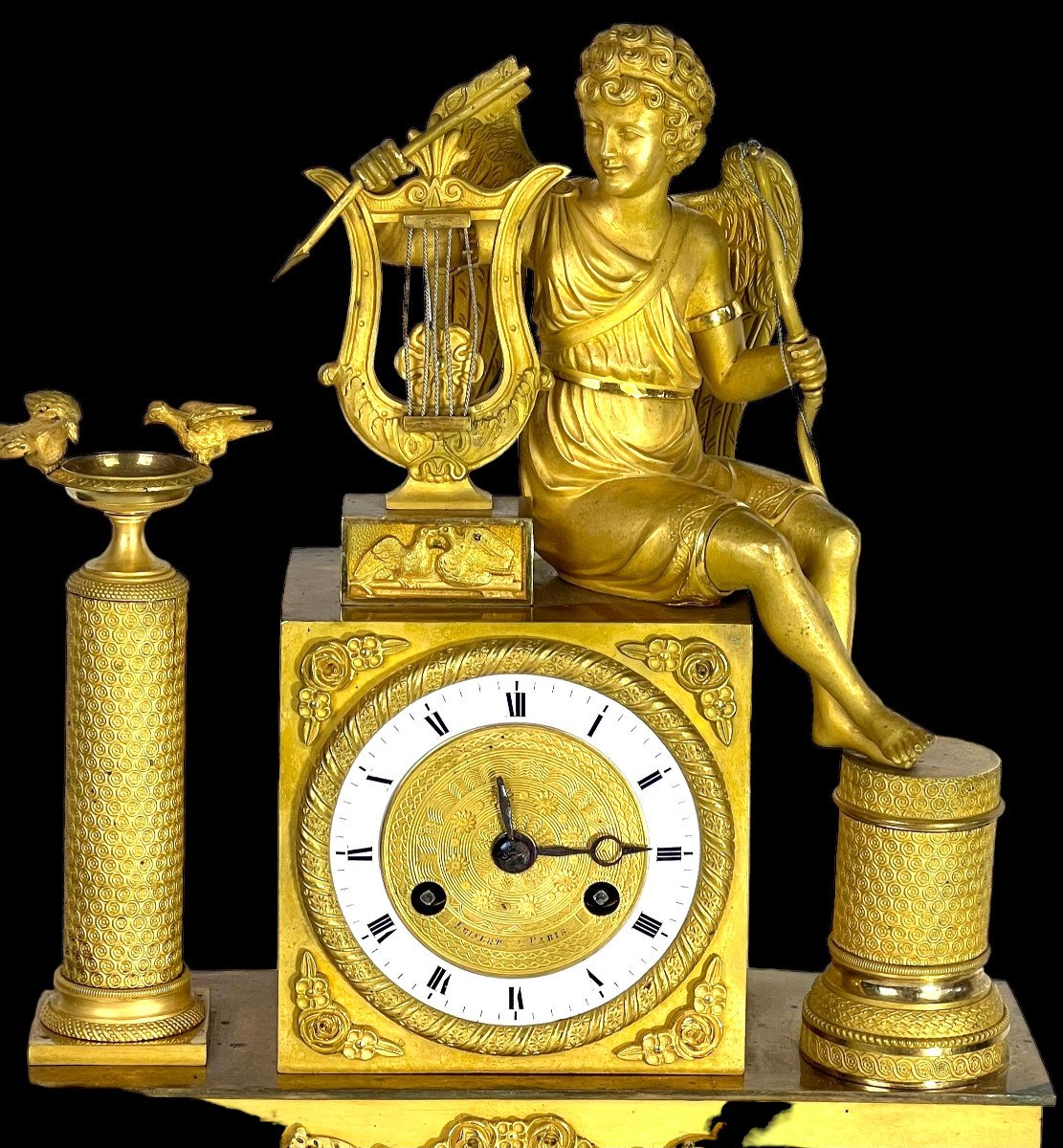 Empire Period Clock In Gilt Bronze Decorated With Eros Playing The Harp-photo-3