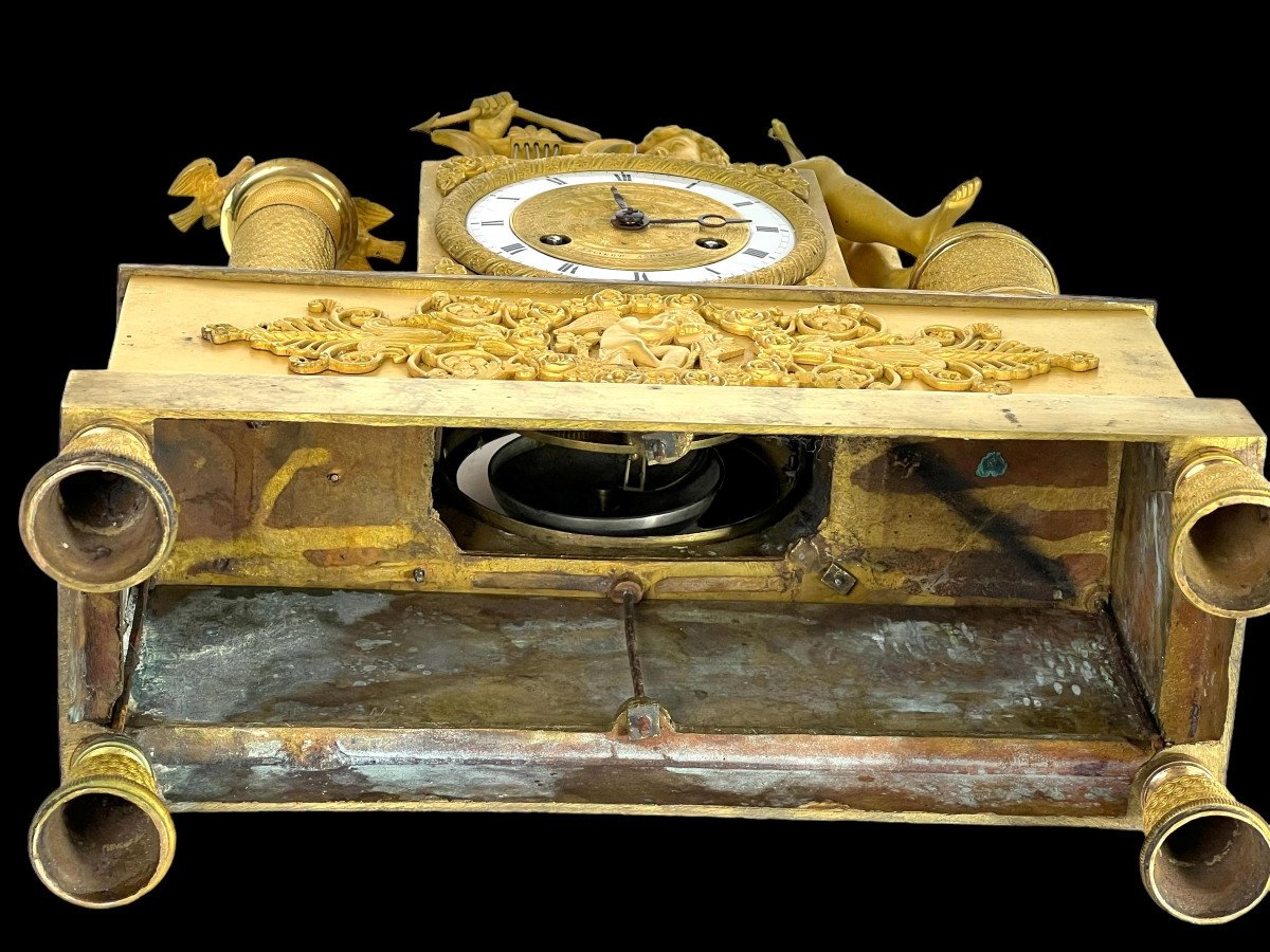 Empire Period Clock In Gilt Bronze Decorated With Eros Playing The Harp-photo-5