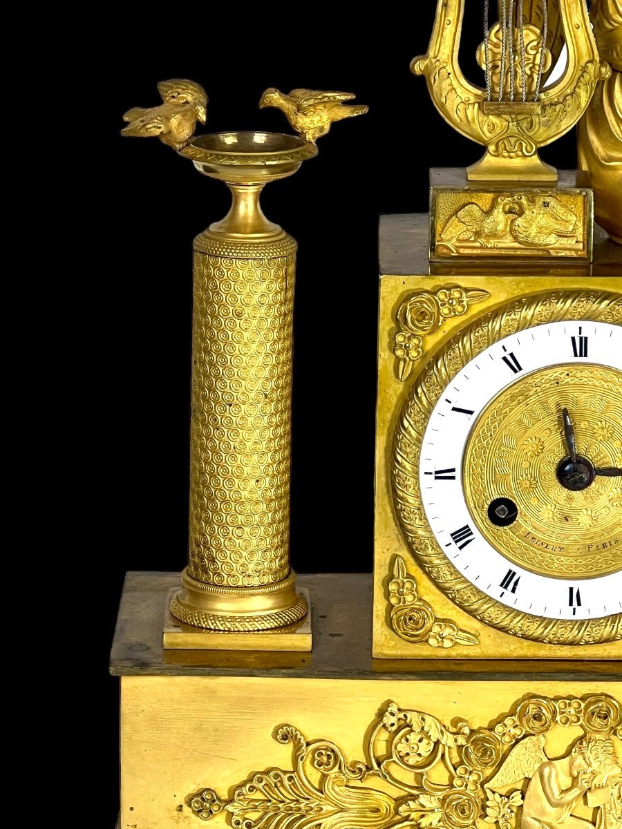 Empire Period Clock In Gilt Bronze Decorated With Eros Playing The Harp-photo-7