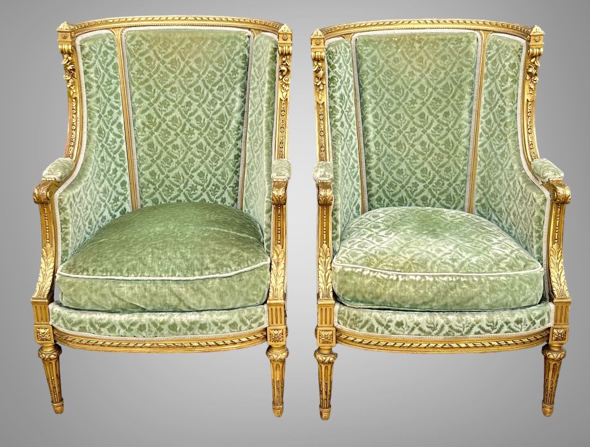 Pair Of Napoleon III Bergeres In Golden And Carved Wood Louis XVI Style-photo-2