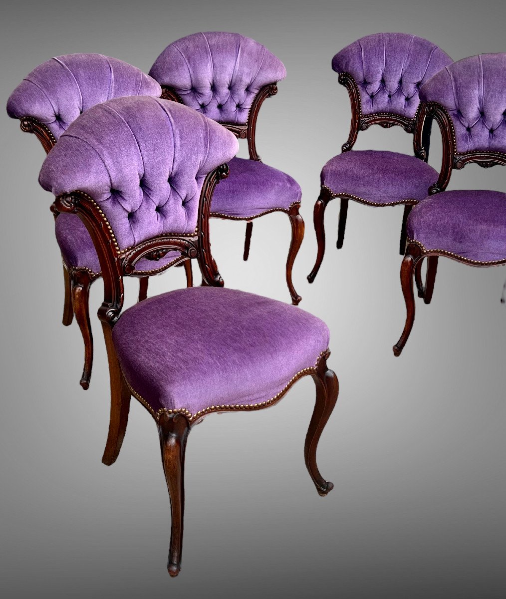 Six Chaises De Cabaret Ton Acajou A Dossier En éventail Garnies De Velours Mauve-photo-2