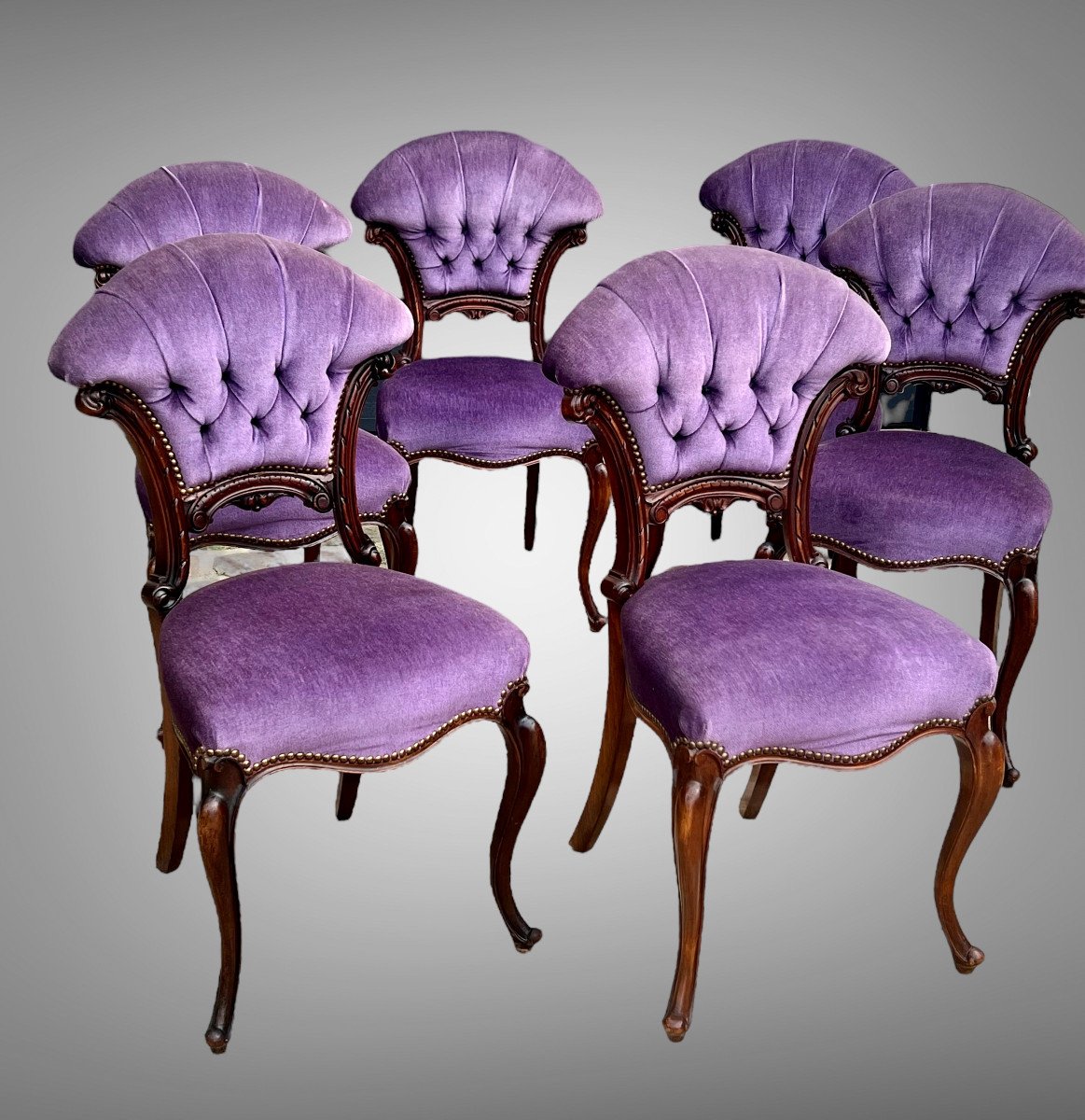 Six Chaises De Cabaret Ton Acajou A Dossier En éventail Garnies De Velours Mauve-photo-5