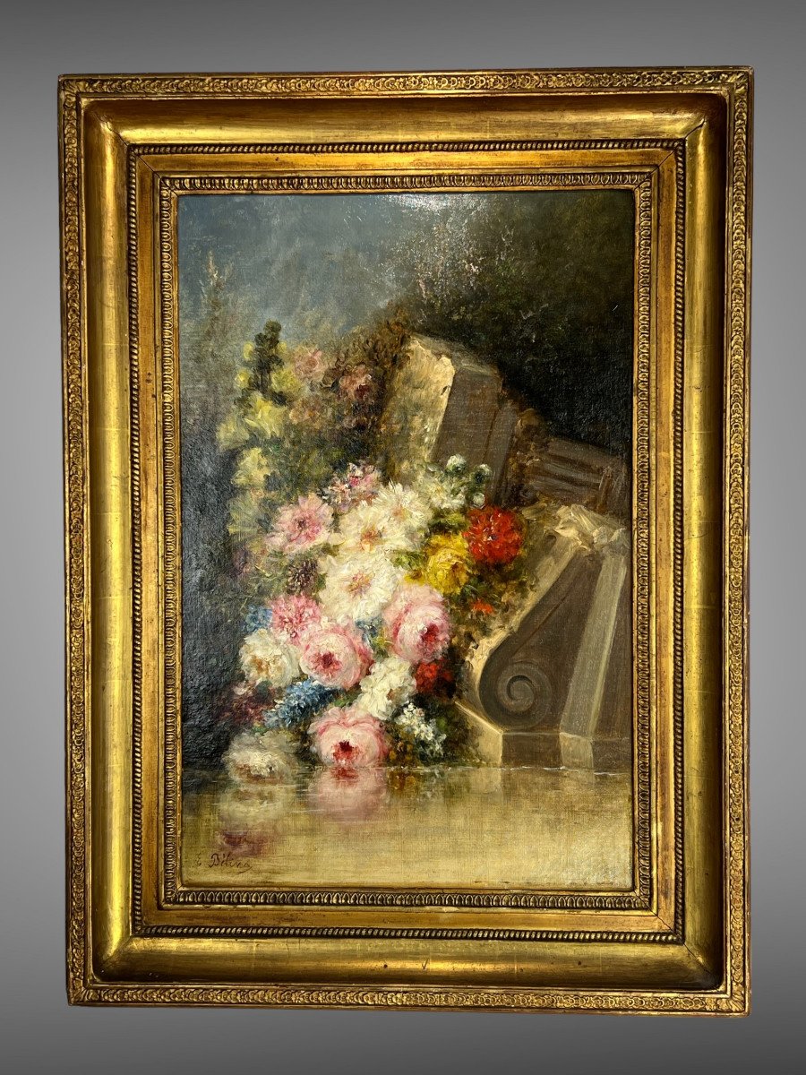 Painting / Oil On Canvas / French School Of The Nineteenth "flower Pier" Signed-photo-2
