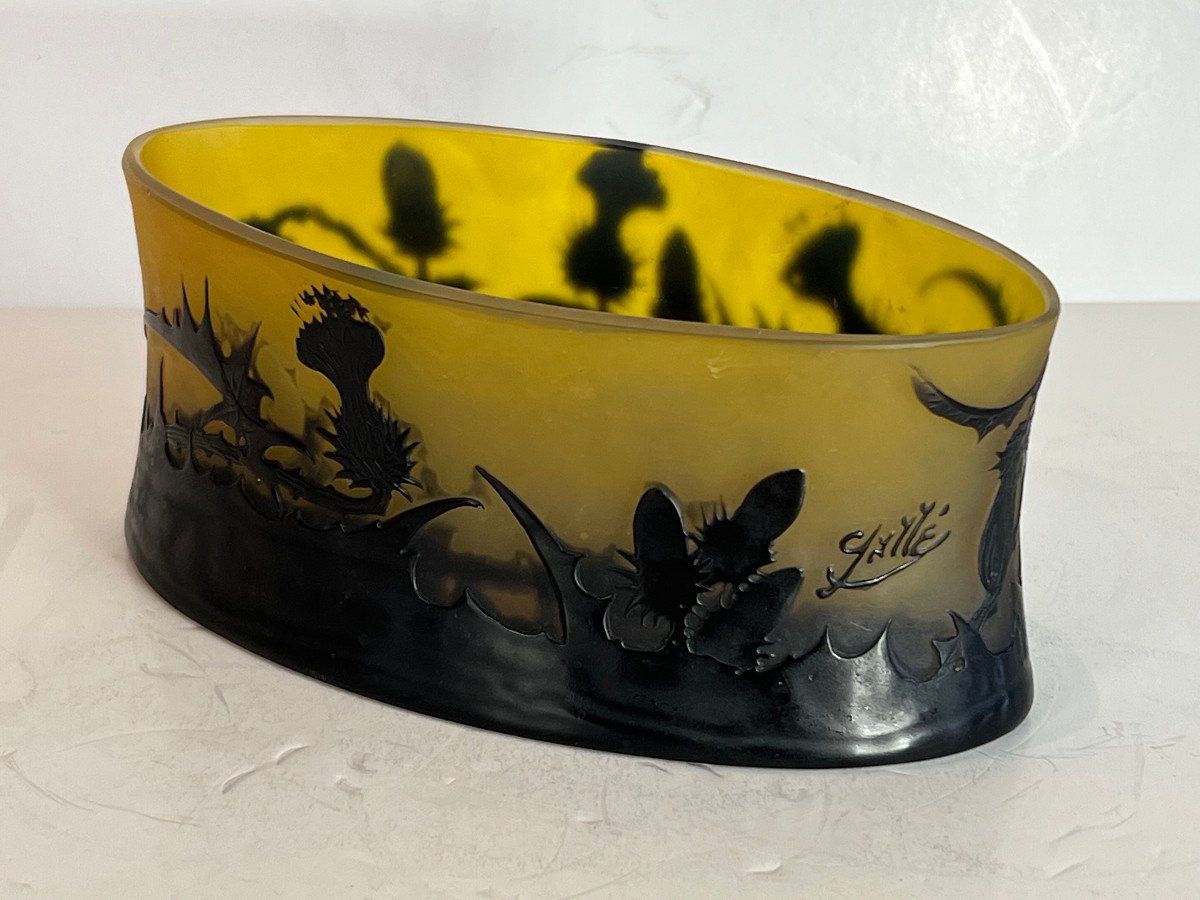 Emille Gallé (1846/1904) Navette Cup In Etched Glass With Acid Decor Thistles-photo-2